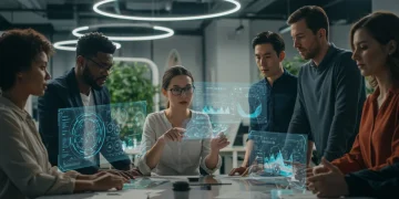 Diverse professionals collaborating on futuristic technology, symbolizing future-proof skills