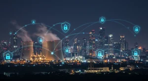Futuristic cityscape with digital security overlay protecting critical infrastructure from cyber threats.