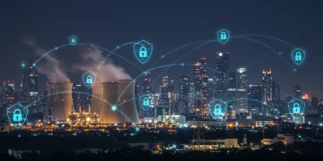 Futuristic cityscape with digital security overlay protecting critical infrastructure from cyber threats.