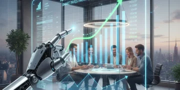 Futuristic digital investment interface with charts and robotic hand