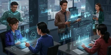 Professionals collaborating in a futuristic office with advanced tech, symbolizing future job market skills.