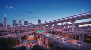 Futuristic American city with advanced transportation infrastructure