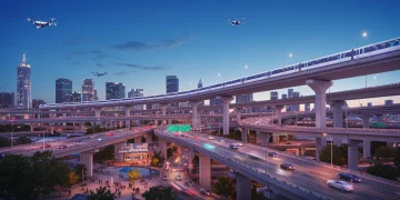 Futuristic American city with advanced transportation infrastructure