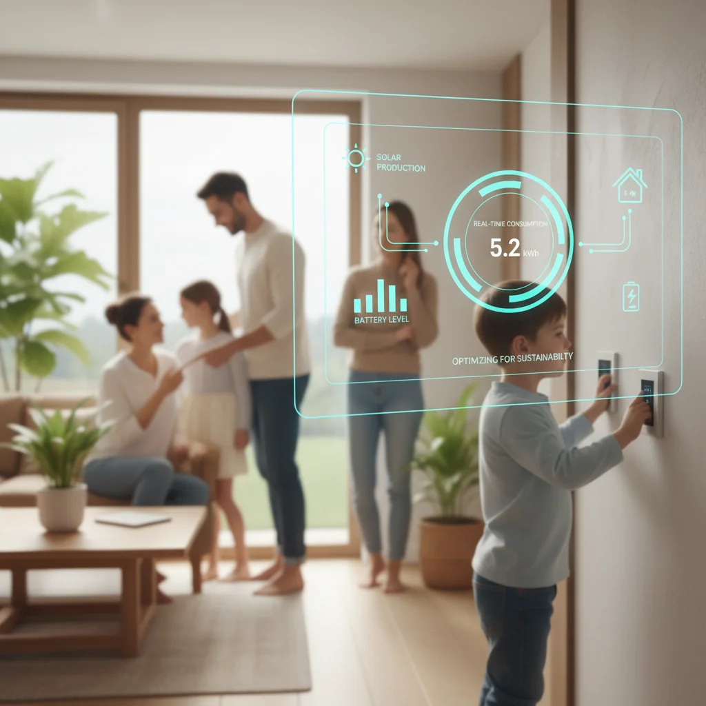 Pantalla de gestión energética inteligente mostrando el consumo y la producción de energía en un hogar.