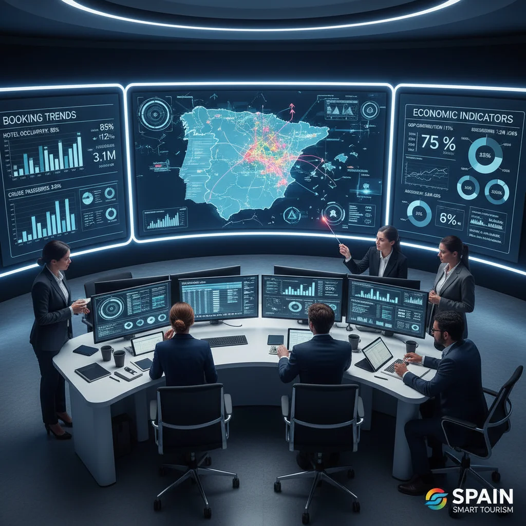 Sala de control con pantallas mostrando datos y estadísticas de turismo en España, ilustrando la gestión inteligente del sector.