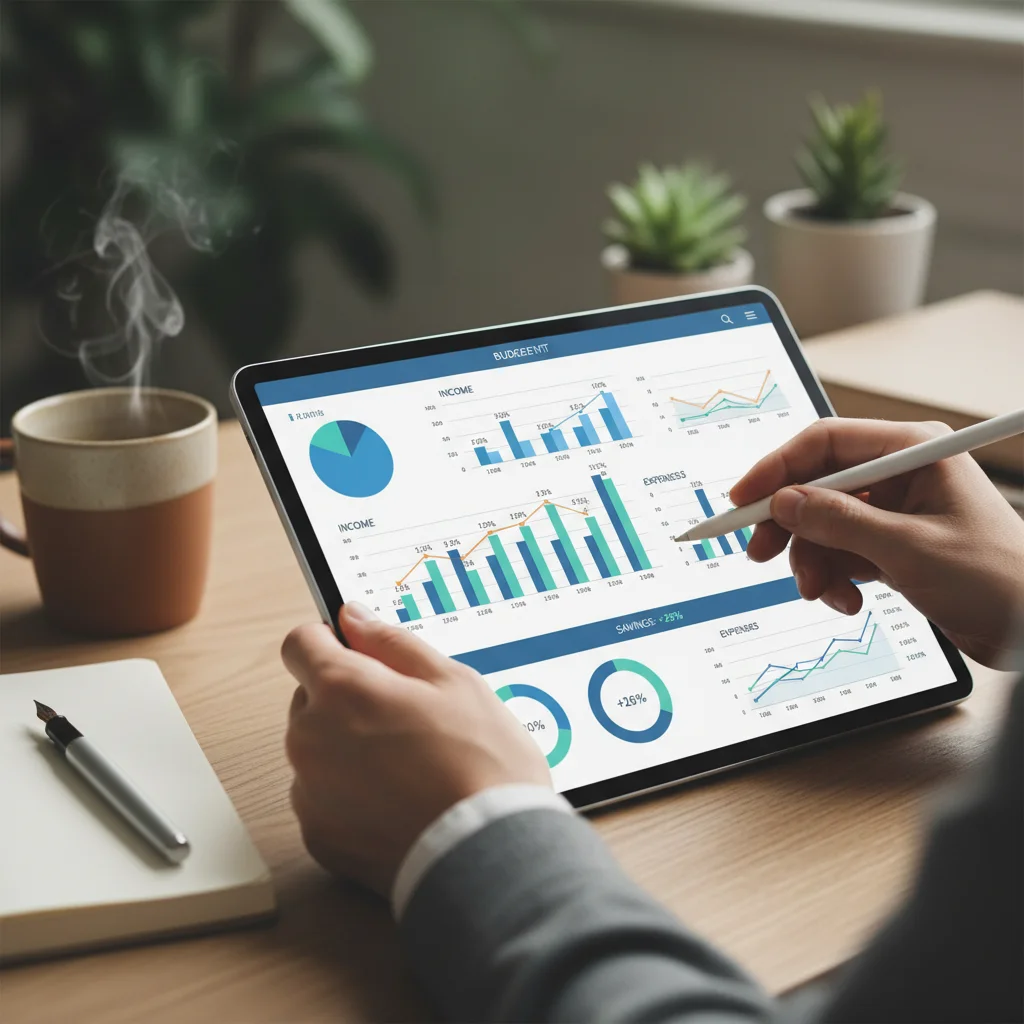 Manos de una persona organizando un presupuesto en una tablet, con gráficos de ingresos y gastos, simbolizando gestión financiera inteligente.