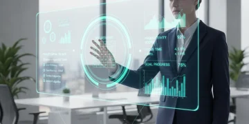 Persona gestionando su tiempo con una interfaz digital futurista que muestra tareas y calendario.
