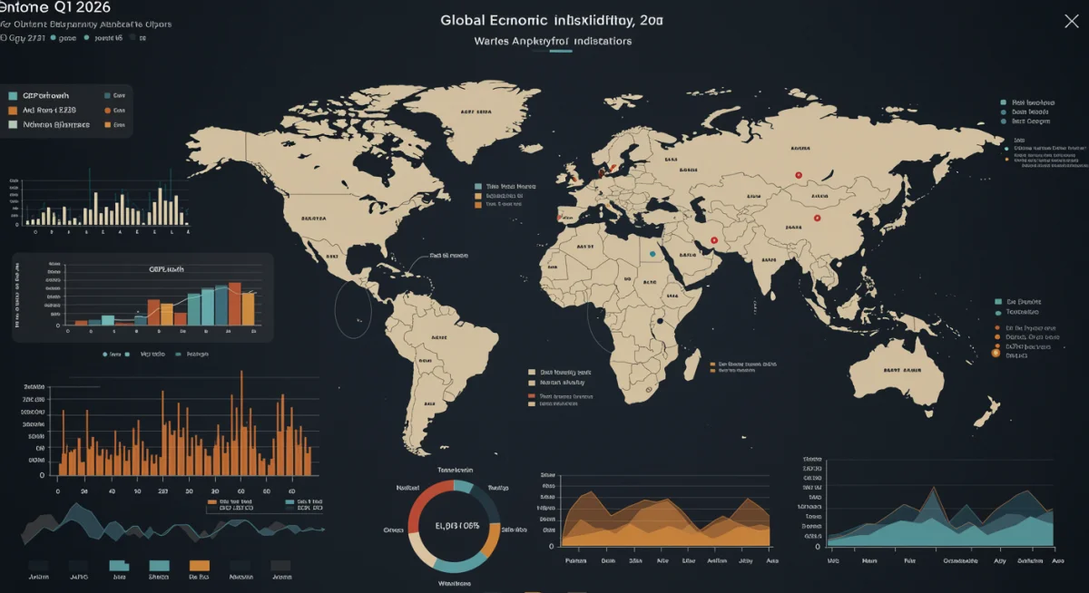 Global economic indicators and geopolitical map showing market instability factors.