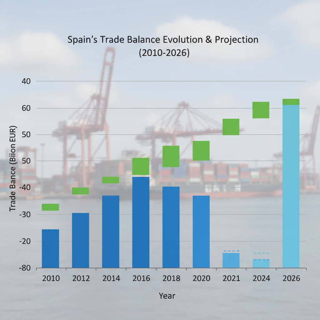 Gráfico de la balanza comercial española, mostrando su evolución y proyecciones futuras.