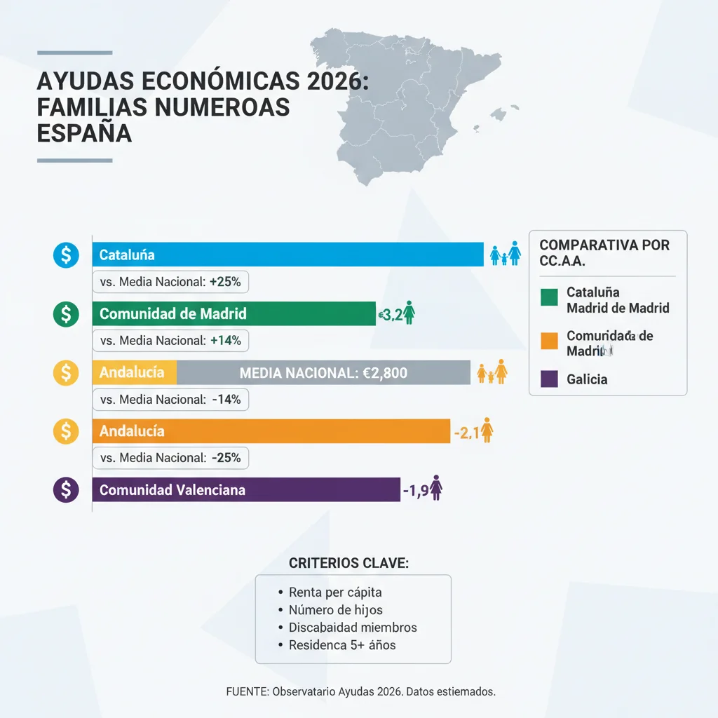 Gráfico comparativo de ayudas económicas para familias numerosas por comunidad autónoma en 2026.