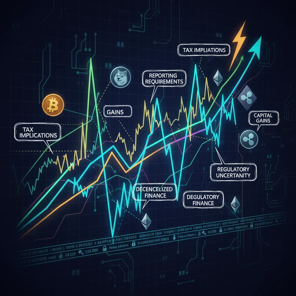 Gráfico financiero con símbolos de criptomonedas y conceptos fiscales, ilustrando la volatilidad y las implicaciones tributarias.