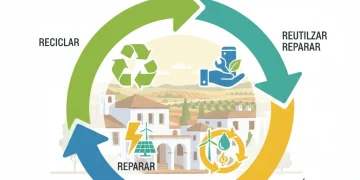 Gráfico que ilustra la economía circular con símbolos de reciclaje, reutilización y energía renovable en un contexto español.
