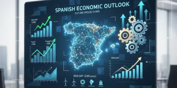 Gráfico económico con indicadores de crecimiento y mapa de España