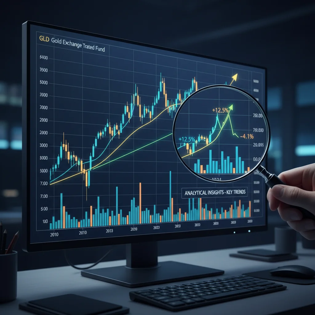 Gráfico financiero mostrando el rendimiento histórico de un ETF de oro, con lupa resaltando datos clave.