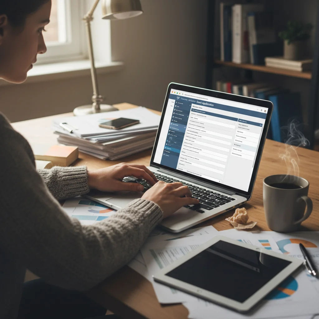 Detailed grant application process, person working on laptop
