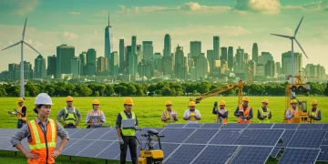 Professionals working on sustainable energy and urban planning projects in the US green economy.