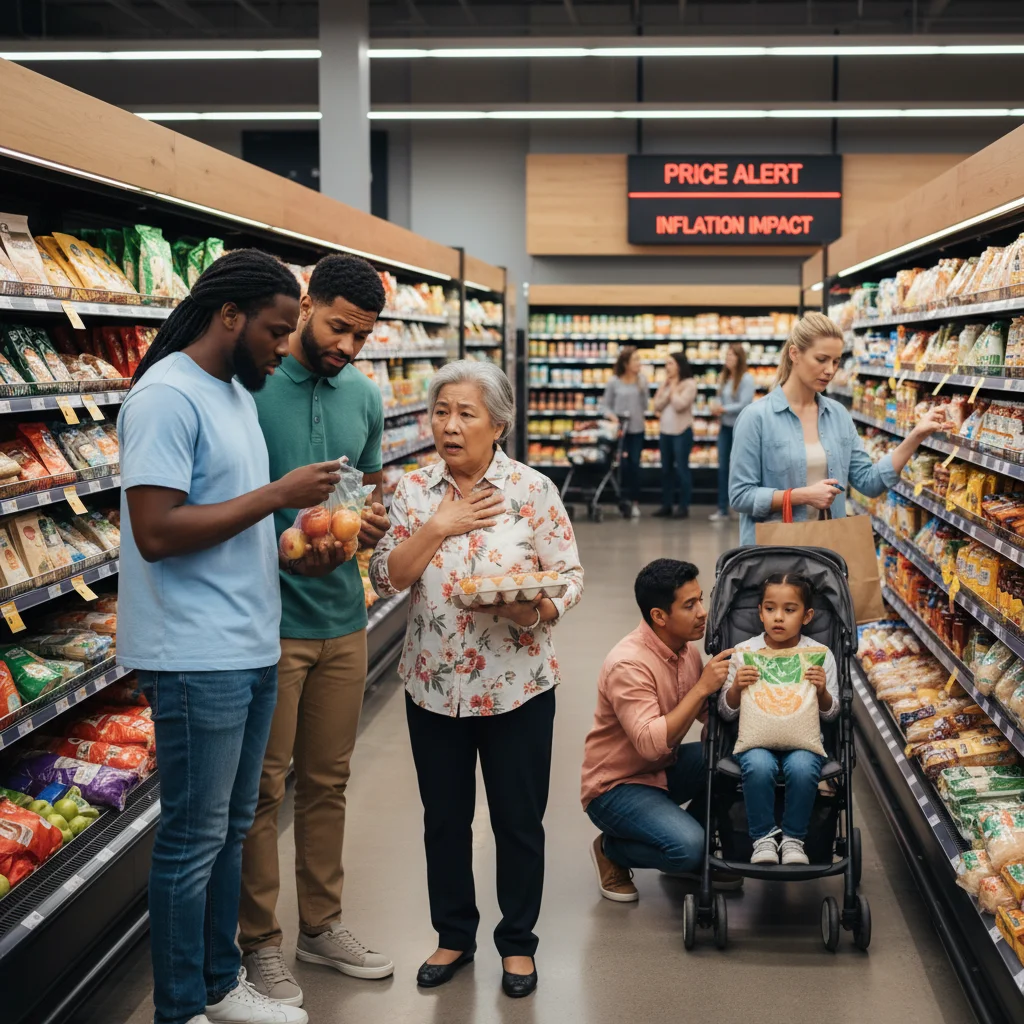 Consumers examining food prices in a grocery store, reflecting the impact of agricultural subsidies.