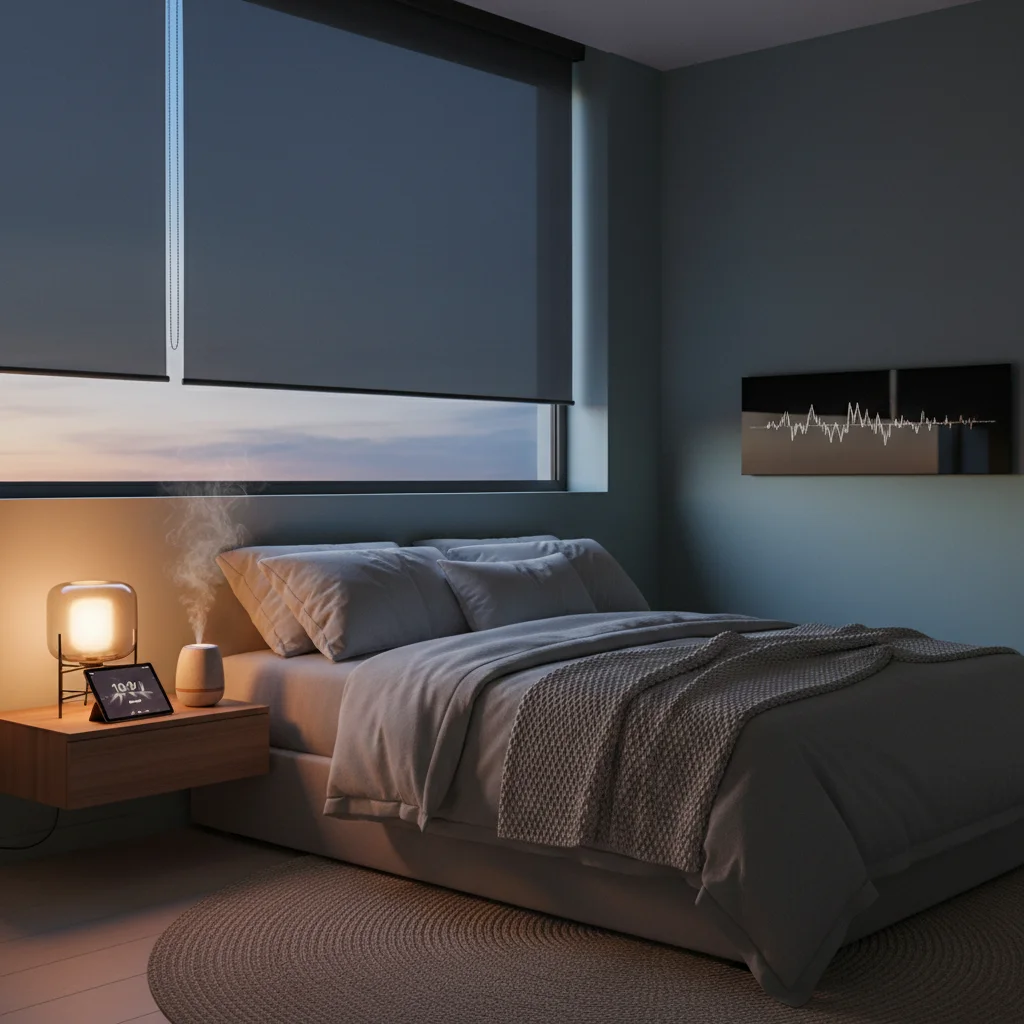 Habitación inteligente con iluminación ambiental, persianas automáticas y difusor de aromas para un mejor descanso.