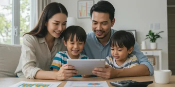 Happy family reviewing 2026 tax credit information on a tablet