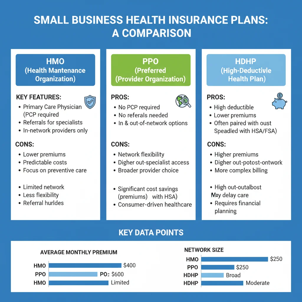 Infographic comparing HMO, PPO, and HDHP small business health plans