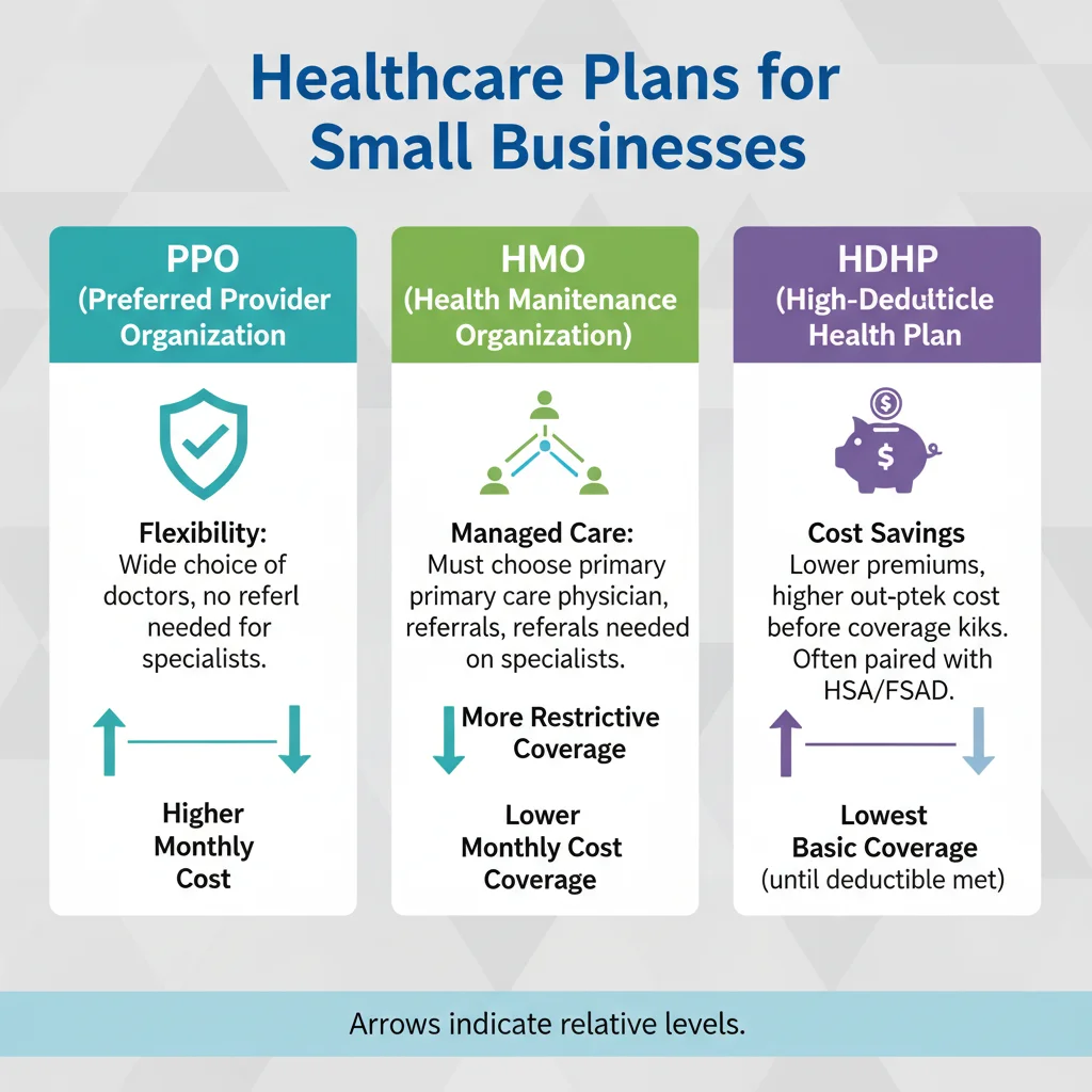 Infographic showing various small business healthcare plan options and their characteristics.