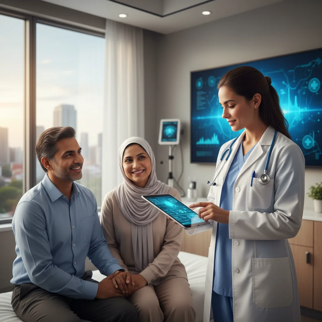 Female healthcare professional reviewing patient data on a tablet