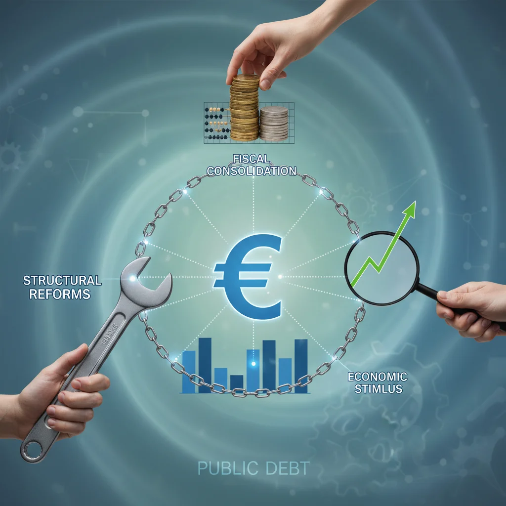 Representación conceptual de herramientas de política económica: reformas estructurales, consolidación fiscal y estímulo económico para la gestión de la deuda.
