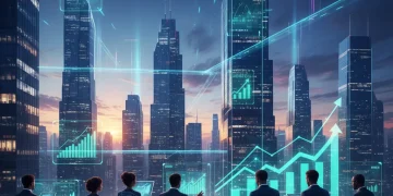 Futuristic cityscape with financial charts, representing high-yield real estate investment in 2026.
