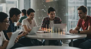 College students collaborating on projects, symbolizing future higher education trends.