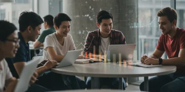 College students collaborating on projects, symbolizing future higher education trends.