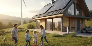 Hogar eficiente con paneles solares y turbina eólica, representando ayudas transición energética España 2026.
