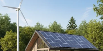 Hogar moderno y sostenible con paneles solares, simbolizando la Ley de Cambio Climático y Transición Energética 2026.