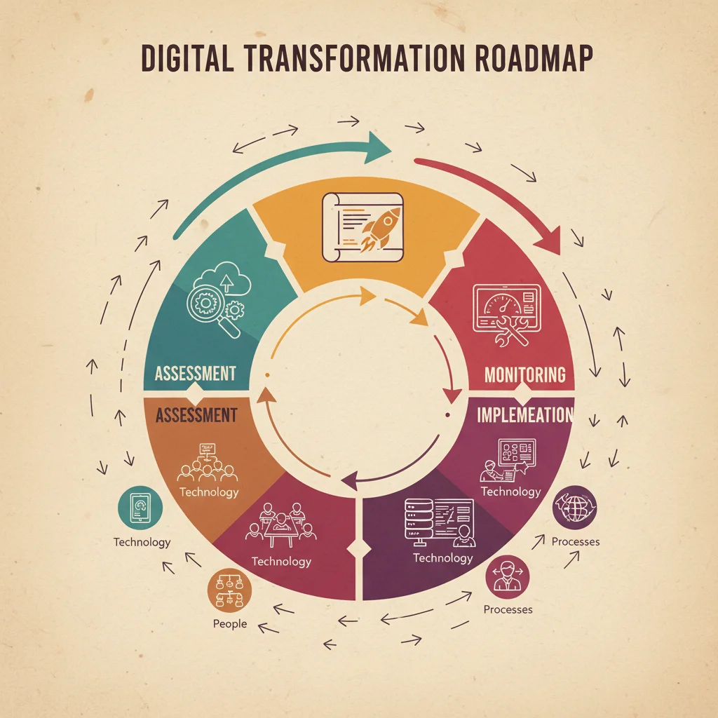 Hoja de ruta detallada para la transformación digital y la gestión del cambio en etapas.