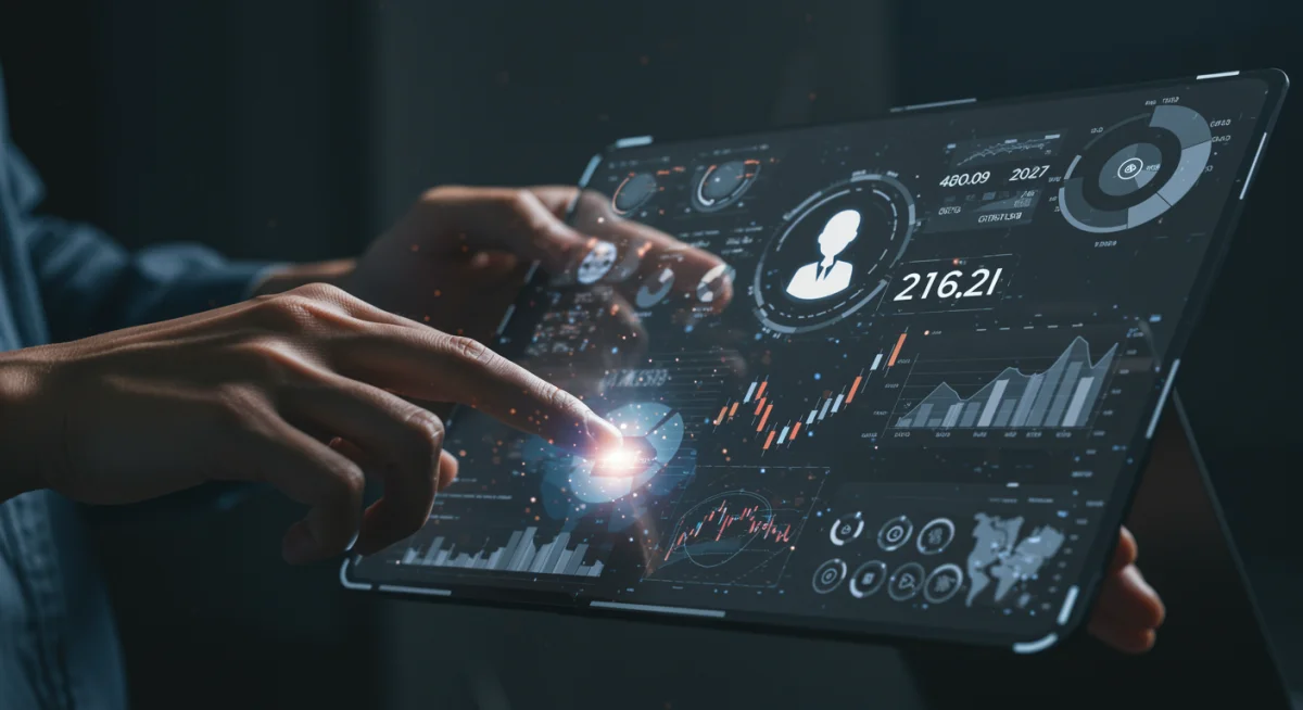 Individual interacting with AI-driven holographic financial portfolio for US investments 2026