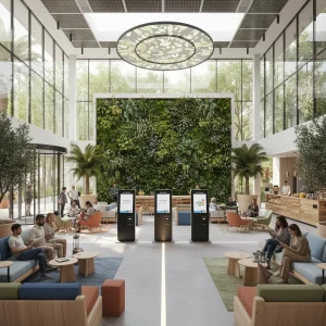 Lobby de hotel moderno y sostenible en España, con elementos digitales y diseño ecológico
