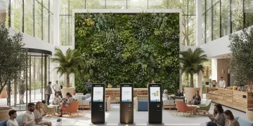 Lobby de hotel moderno y sostenible en España, con elementos digitales y diseño ecológico