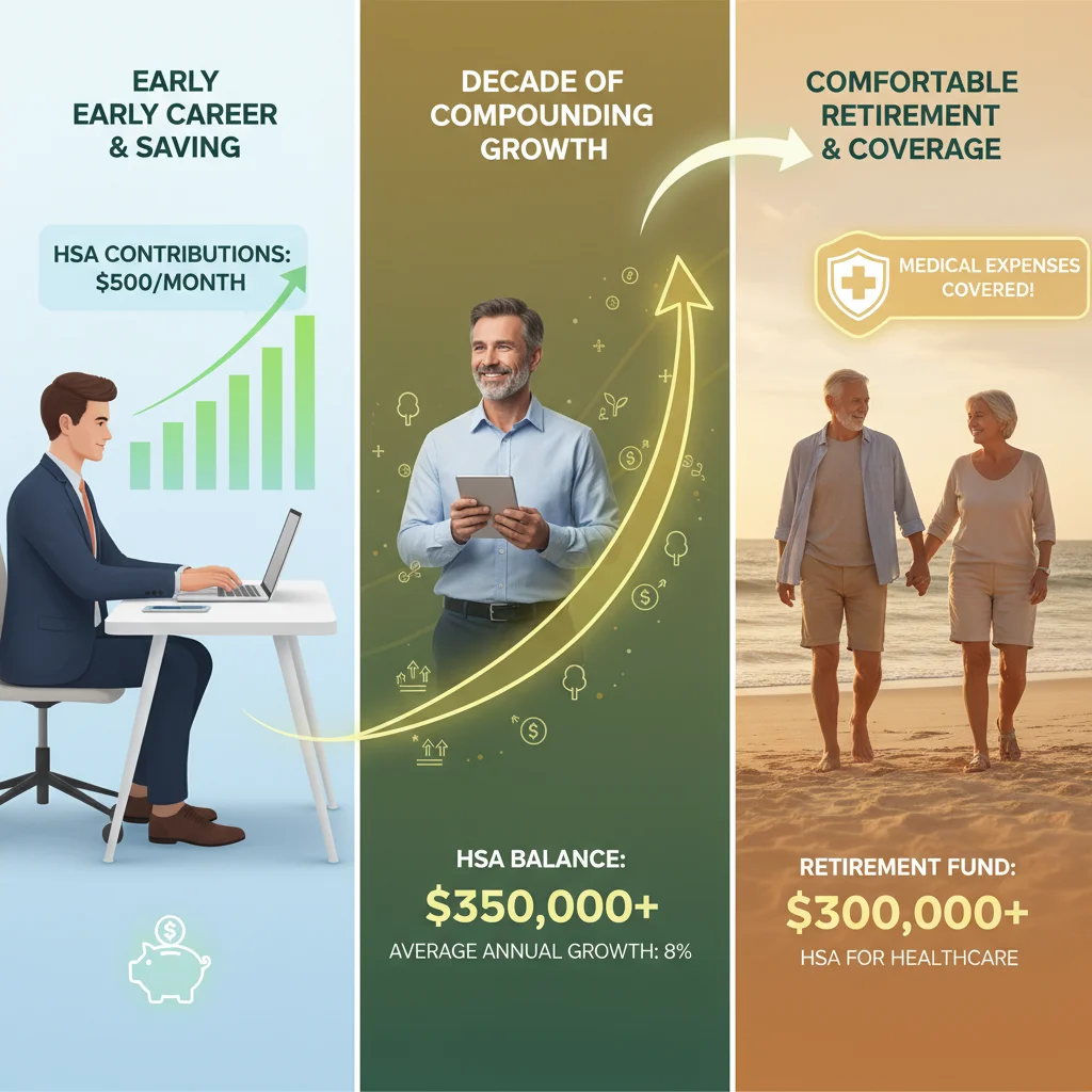 Timeline showing long-term HSA investment growth and financial security through retirement, with compounding returns.