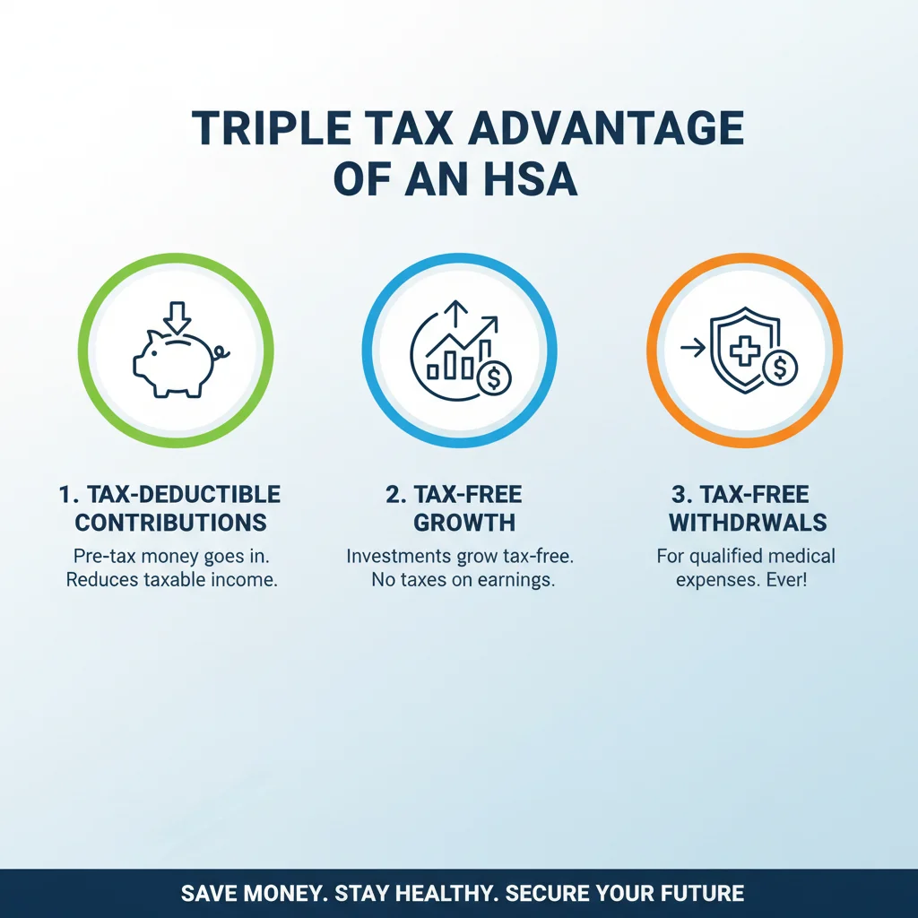 Infographic detailing the triple tax advantage of Health Savings Accounts: tax-deductible contributions, tax-free growth, and tax-free withdrawals.
