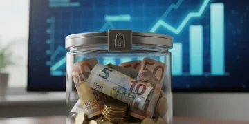 Hucha de cristal con euros y gráficos financieros proyectando seguridad y crecimiento para 2026.