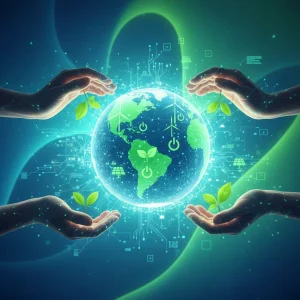 Representación visual de la huella digital de carbono y la sostenibilidad online, con un globo digital y símbolos de energía verde.