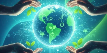 Representación visual de la huella digital de carbono y la sostenibilidad online, con un globo digital y símbolos de energía verde.