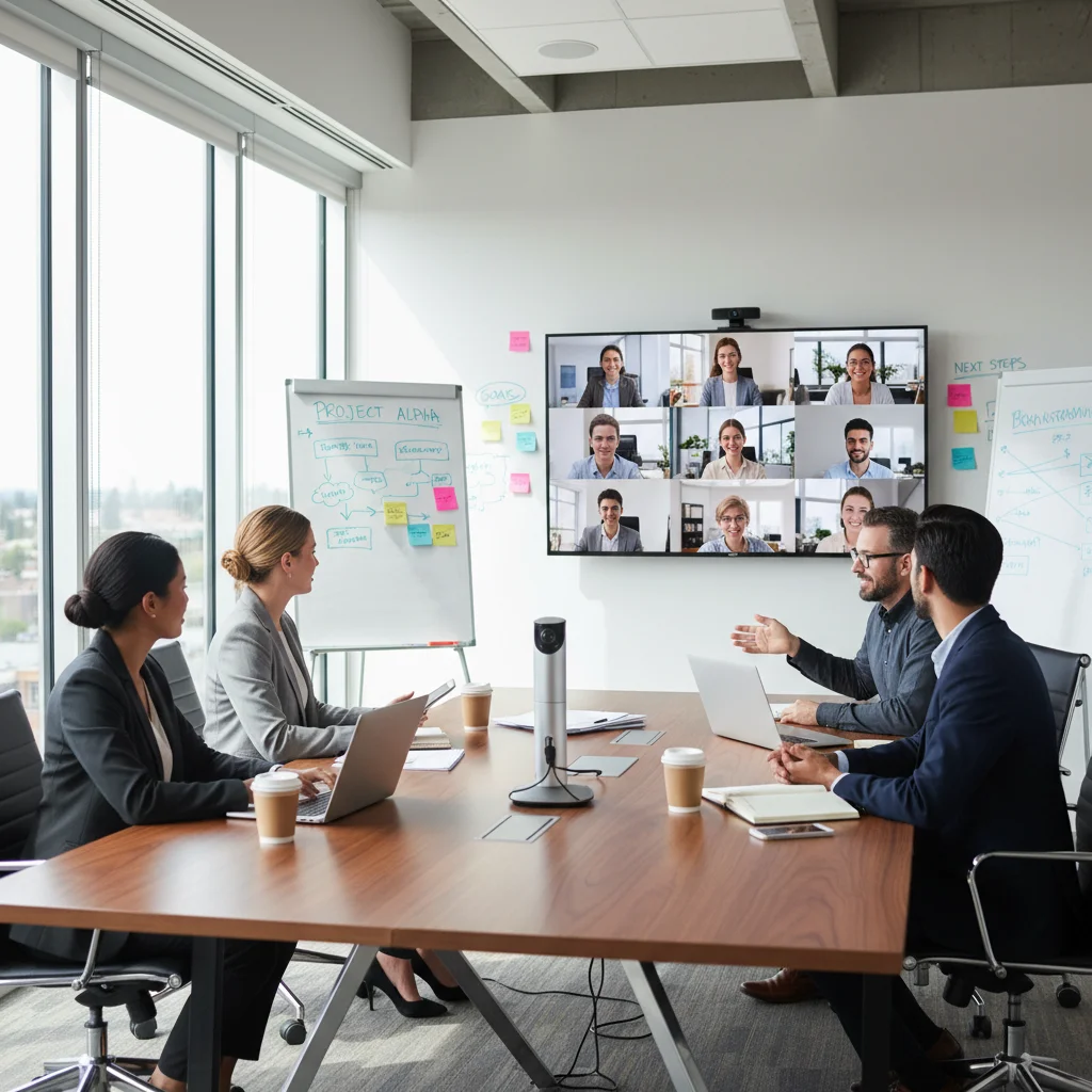 Hybrid team meeting with in-person and remote participants collaborating effectively