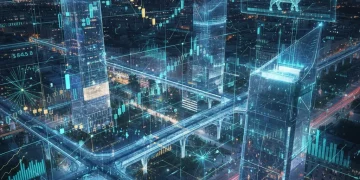 Inteligencia Artificial analizando datos de inversión en el mercado español con gráficos futuristas y elementos tecnológicos.