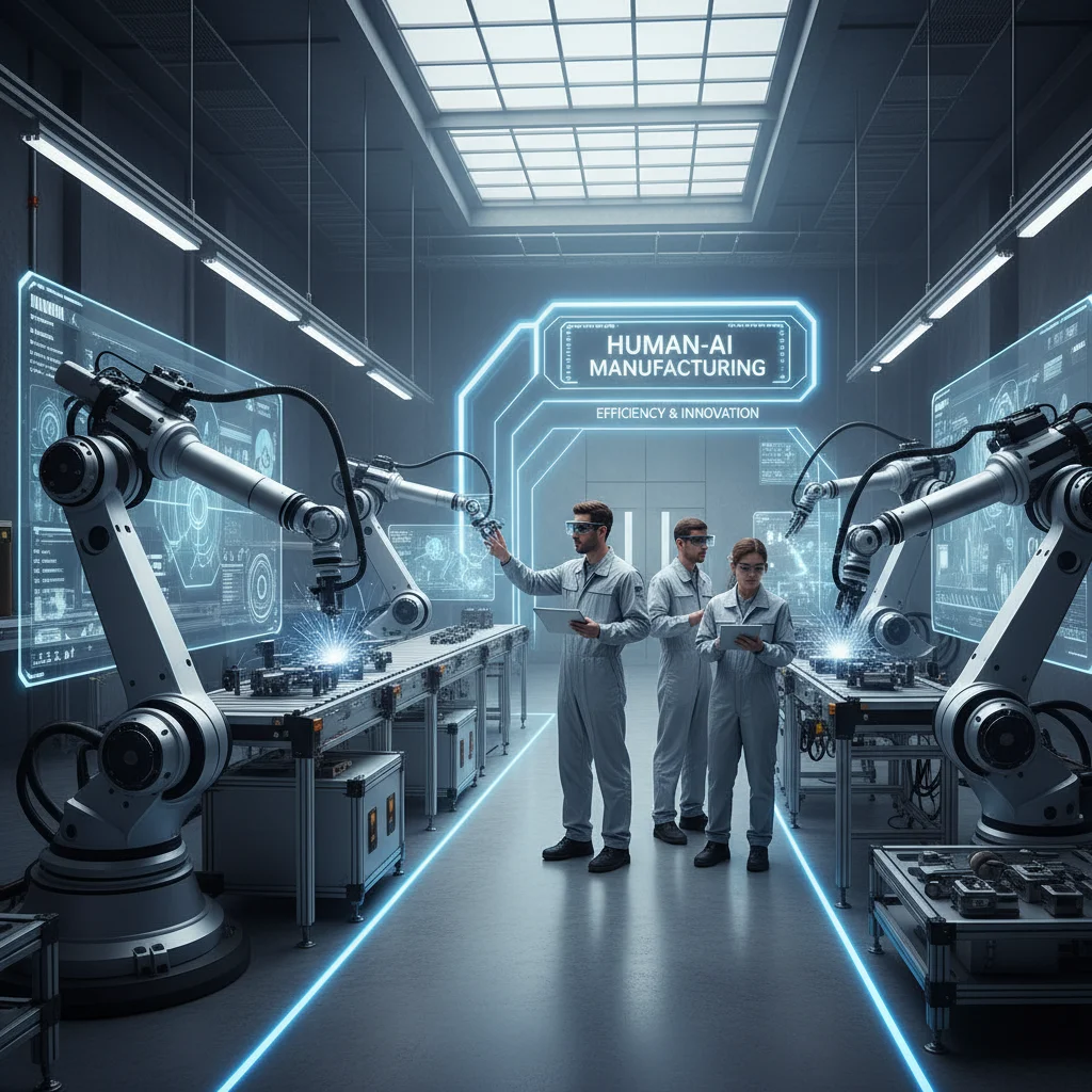 Robots y humanos colaborando en una fábrica, mostrando la eficiencia de la IA en la manufactura española.