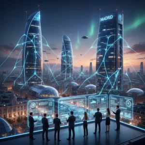 IA en Negocios España 2026: Transformación y Estrategias Clave Paisaje urbano futurista de Madrid con líneas de redes neuronales, representando la integración de la IA en los negocios españoles.