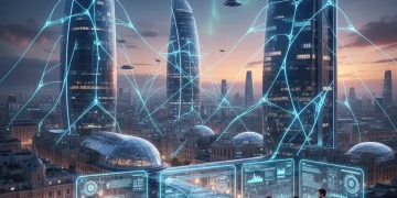 Paisaje urbano futurista de Madrid con líneas de redes neuronales, representando la integración de la IA en los negocios españoles.