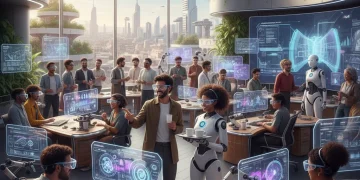 Trabajadores españoles interactuando con sistemas de inteligencia artificial en un entorno laboral moderno y dinámico.