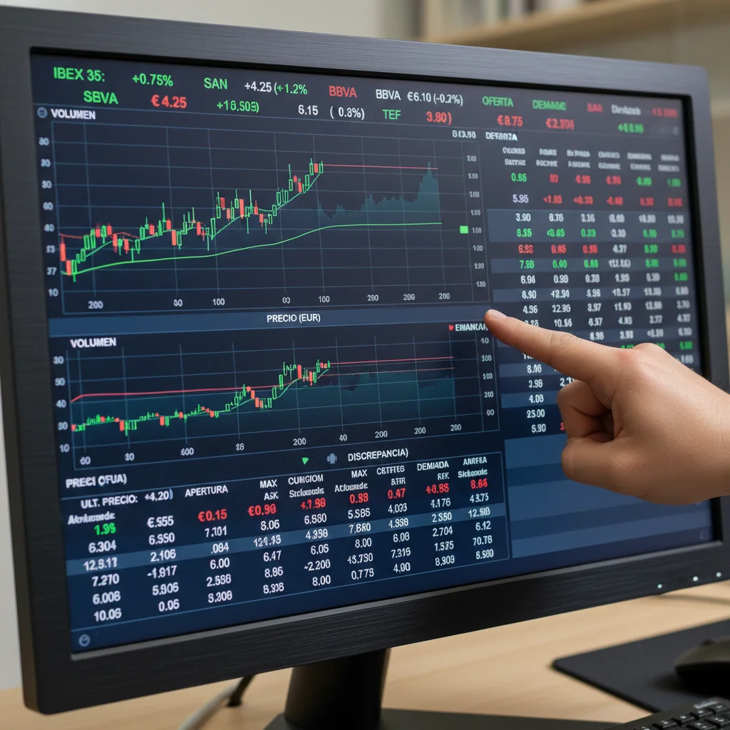 Pantalla de ordenador mostrando cotizaciones bursátiles y datos financieros en tiempo real, con una mano señalando una discrepancia de precio, representando la identificación de oportunidades de arbitraje.