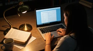 Empowering Your Future: A Guide to Education Funding, Local Jobs, and Personal Finance Student actively researching education funding, grants, and scholarship opportunities on a laptop at a library desk, surrounded by textbooks and notes.