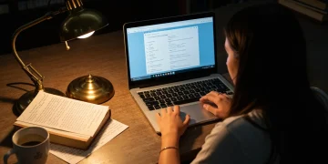 Student actively researching education funding, grants, and scholarship opportunities on a laptop at a library desk, surrounded by textbooks and notes.